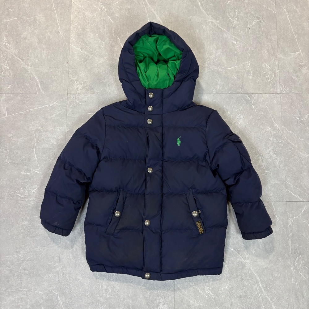 Polo Ralph Lauren Kids Navy Blue Puffer Jacket Hooded Green Lining 4/4T 4070